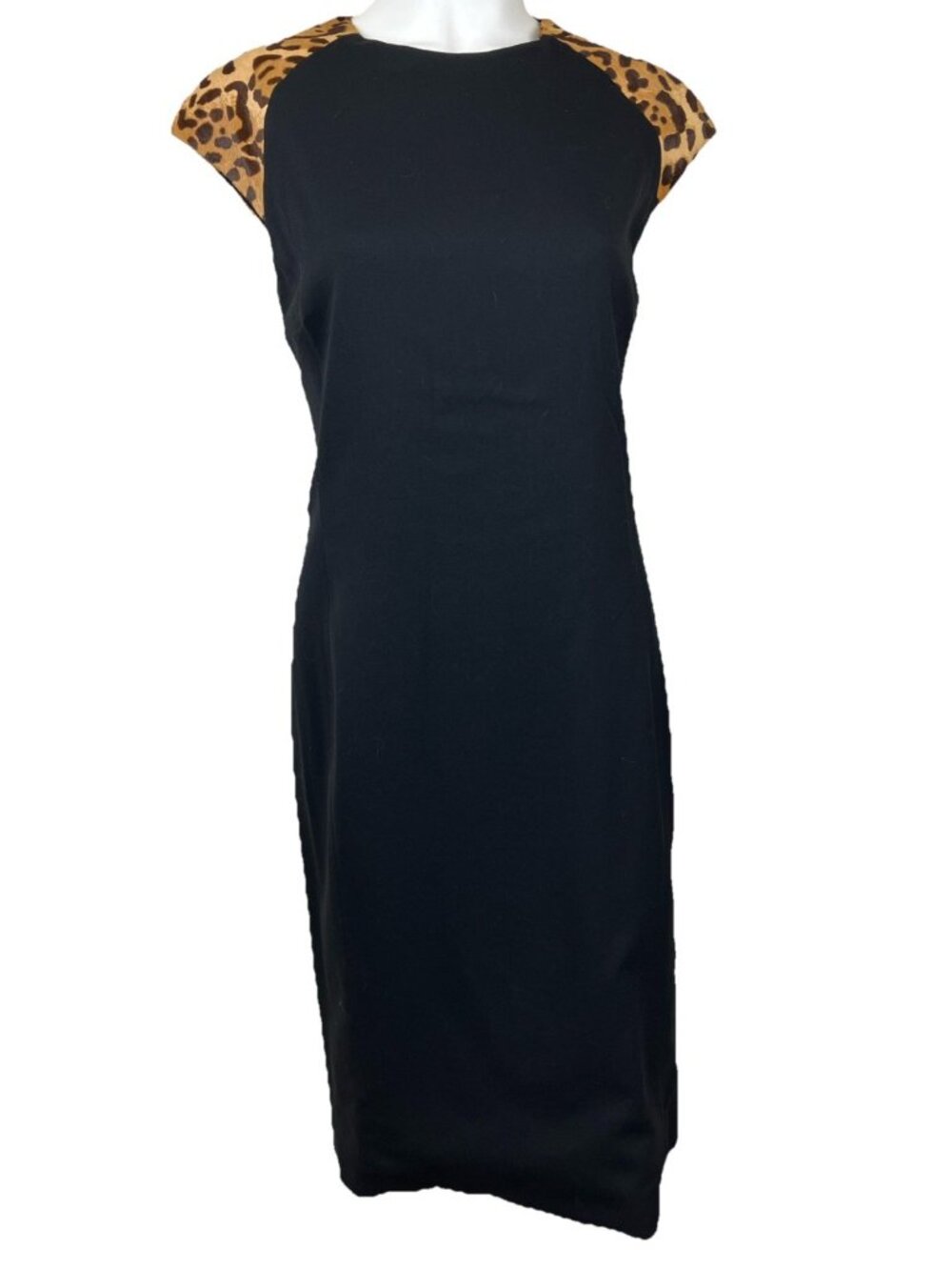 8 Vintage Ralph Lauren black label Leopard Shoulder Cocktail Dress Stretch Wool